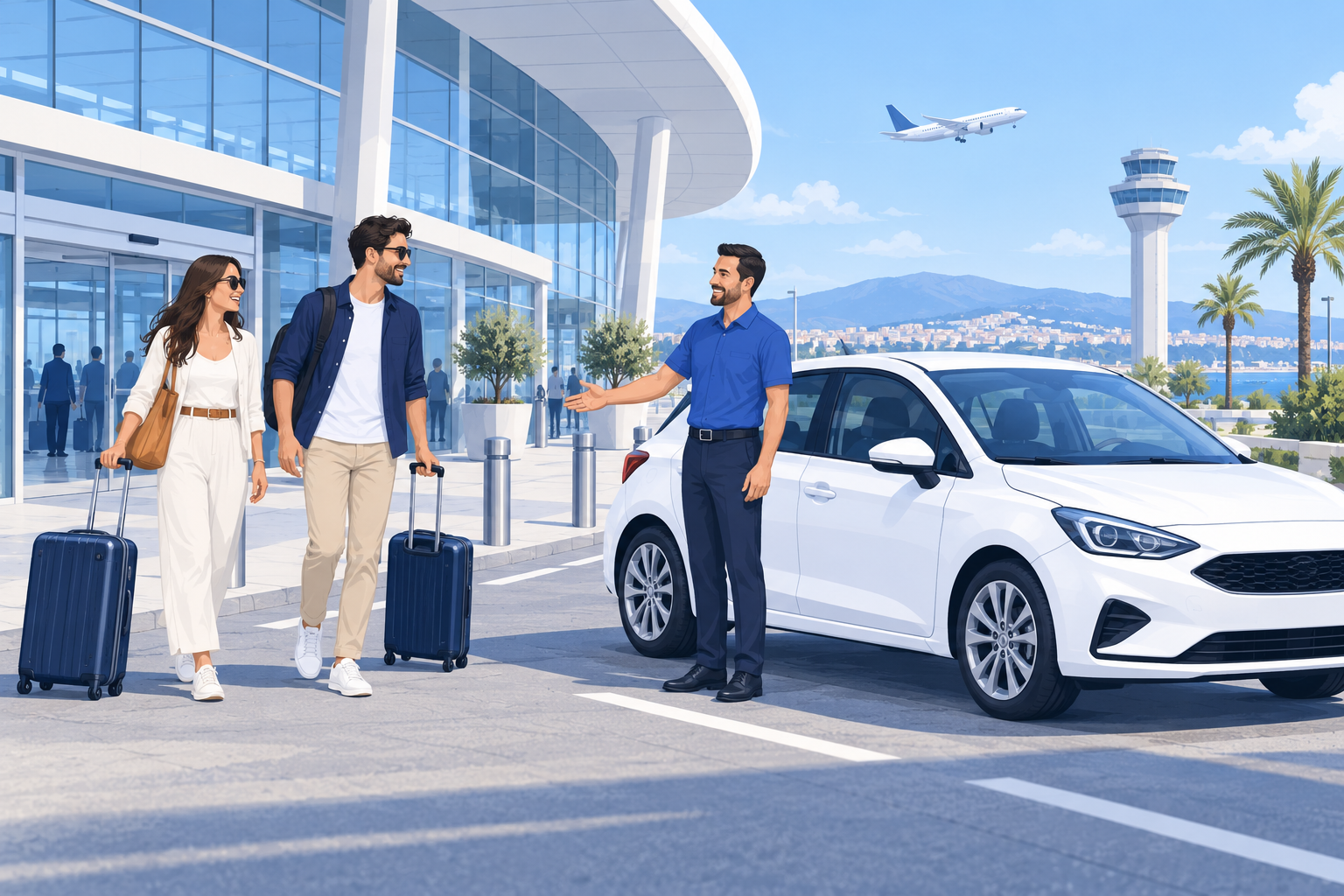 Terminal dışında, valizleriyle gelen yolcuları aracın yanında karşılayan görevli; temsili çizim